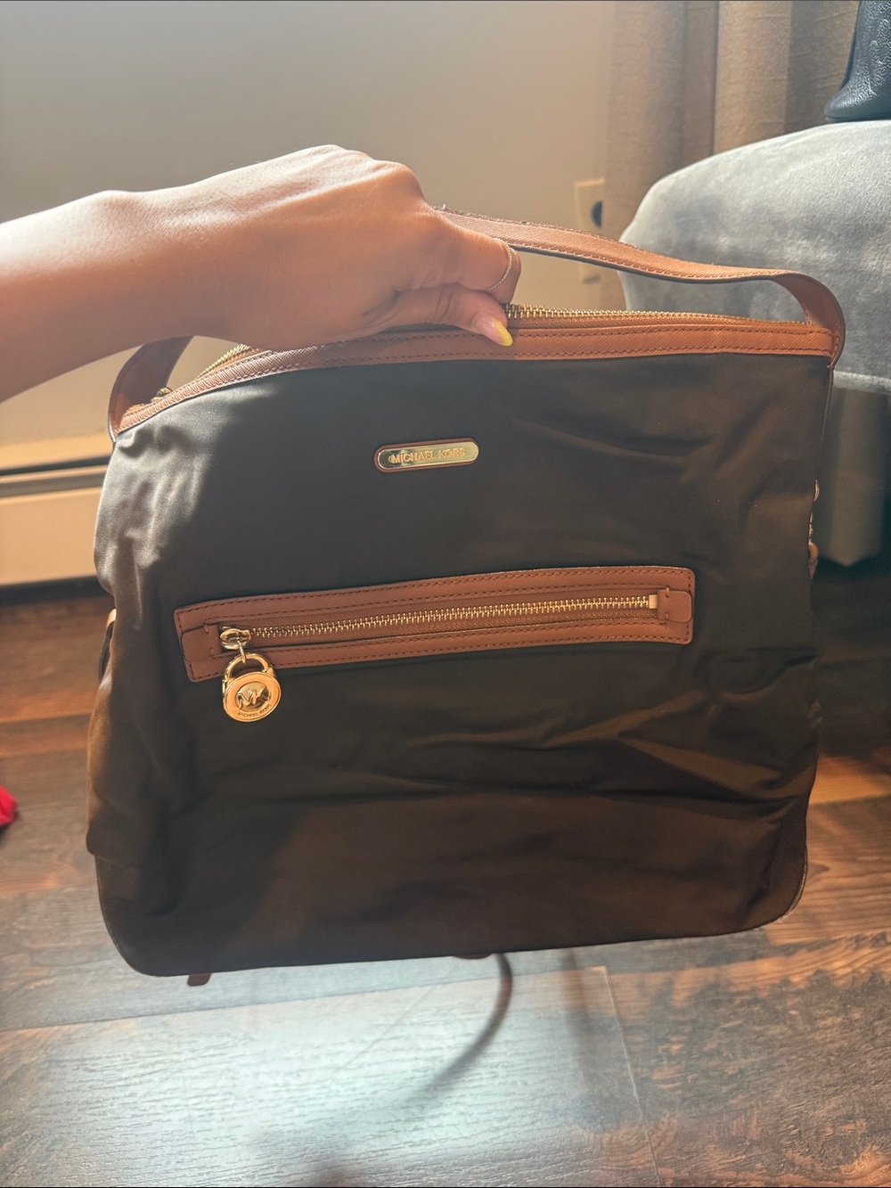 Michael Kors Black Nylon Toiletry Bag with Brown Trim